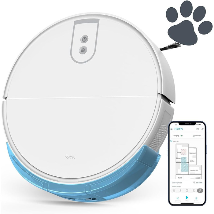 Робот-пилосос ROMY L6 Animal Smart Home з функцією миття підлоги Потужність всмоктування 5200 Па Тихий робот-пилосос, оптимізований для шерсті домашніх тварин, килимів, твердих підлог Контейнер для пилу XXL замість витяжної станції білий