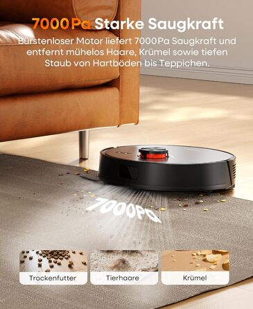 Робот-пилосос з функцією миття 7000Pa, з док-станцією для самостійного очищення, 180 хв роботи, LiDAR навігація, для прибирання шерсті тварин та килимів, керування через додаток, чорний