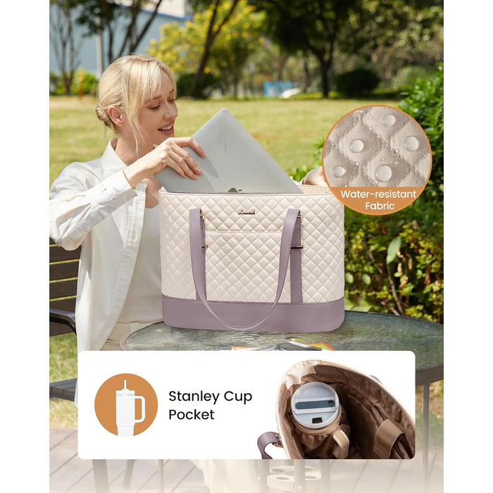 Сумка для ноутбука LOVEVOOK 15.6 дюймів для жінок з відділенням для ланчу, сумка-шоппер, ділова сумка, портфель, сумка для навчання, містка, водонепроникна, для офісу, університету, чорна (15.6 дюймів, Бежевий, Рожевий)