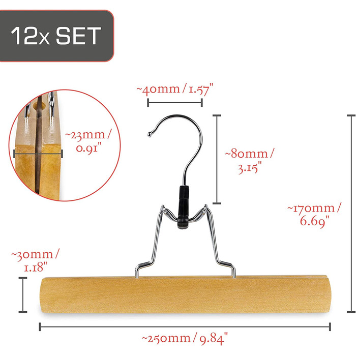 Вішалка для штанів  з 12 вішалок для брюк натуральний виготовлений з масиву дерева FSC сертифікований з нековзною повстяною вставкою