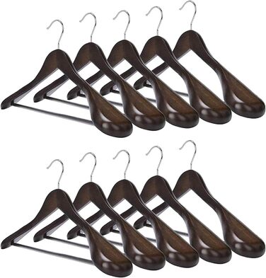 10 дерев'яних вішалок для костюмів з широкими плечима – протиковзні, 360° обертання, для сорочок, пальто, курток, штанів (волоський горіх, високоякісне дерево)