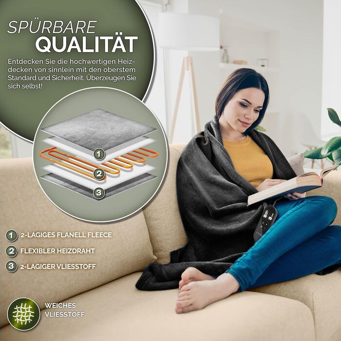 Електрична гріюча ковдра з плюшем | Автоматичне вимкнення | Тепла ковдра з таймером | 9 температурних режимів | Можна прати до 40°C | Цифровий дисплей (200 x 180 см, Чорний)
