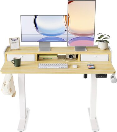 Електричний стіл YIHAYO з висувними ящиками та підставкою для монітора 120x60 см, регулювання висоти, пам'ять, Natural White, Natural поверхня