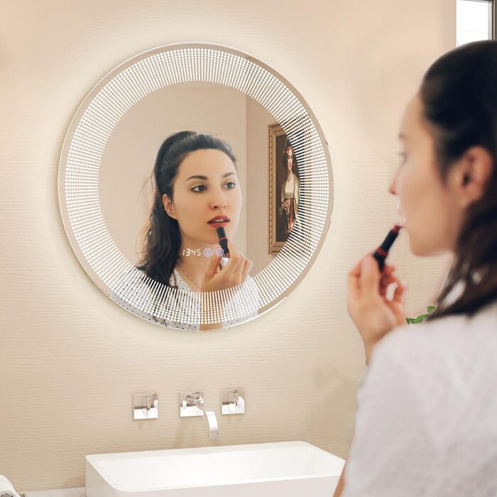 Дзеркало GOPLUS з підсвічуванням для ванної кімнати та вітальні, 3 кольори світла, антизапарник, годинник, температура, функція пам'яті, модель 3