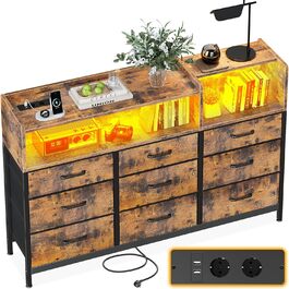 Комод ODK з шухлядами, 2 розетки, 2 USB, 10 LED-смужок, полиця-стільниця, 9 тканинних шухляд, чорний (ретро стиль), 130x30x97 см