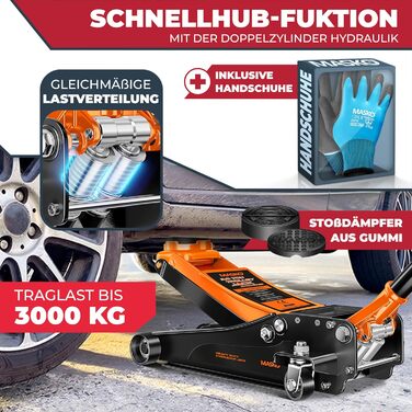 Гідравлічний домкрат MASKO 3T з низьким профілем (85-460 мм), 3 гумові накладки, для автомобілів SUV, 360° колеса, рукавички в комплекті. Підйомник-опора до 3 тонн (Помаранчевий)