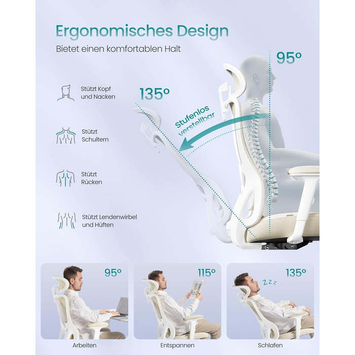 Офісний стіл SONGMICS, ергономічний комп'ютерний стілець з регульованою поперековою та підголовником, до 150 кг, регульована висота, OBN066GD01 (пісочний беж)