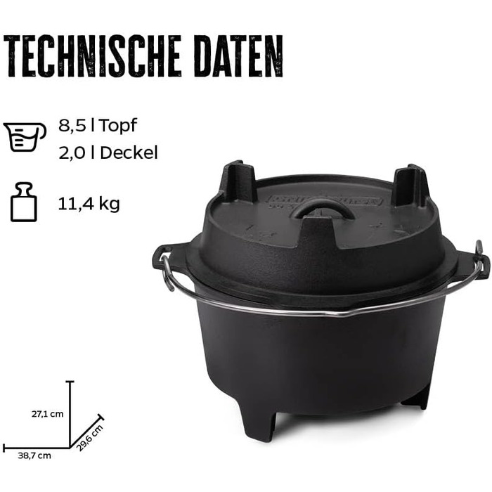 Набір голландської печі Grillfürst Dutch Oven BBQ Edition DO 9: чавунний котелок 8,5 л з підставкою, підняття кришки та сумка для зберігання
