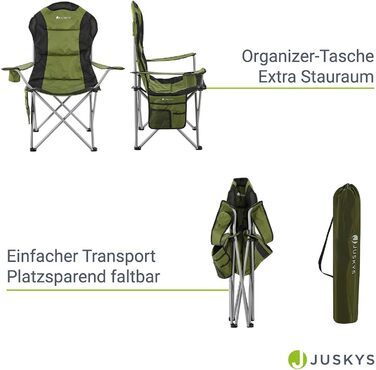 Кемпінгове крісло Juskys Lido складне з підстаканником, бічною кишенею та сумкою для перенесення - Кемпінгове розкладне крісло з оббивкою підлокітника та спинки - Зелений
