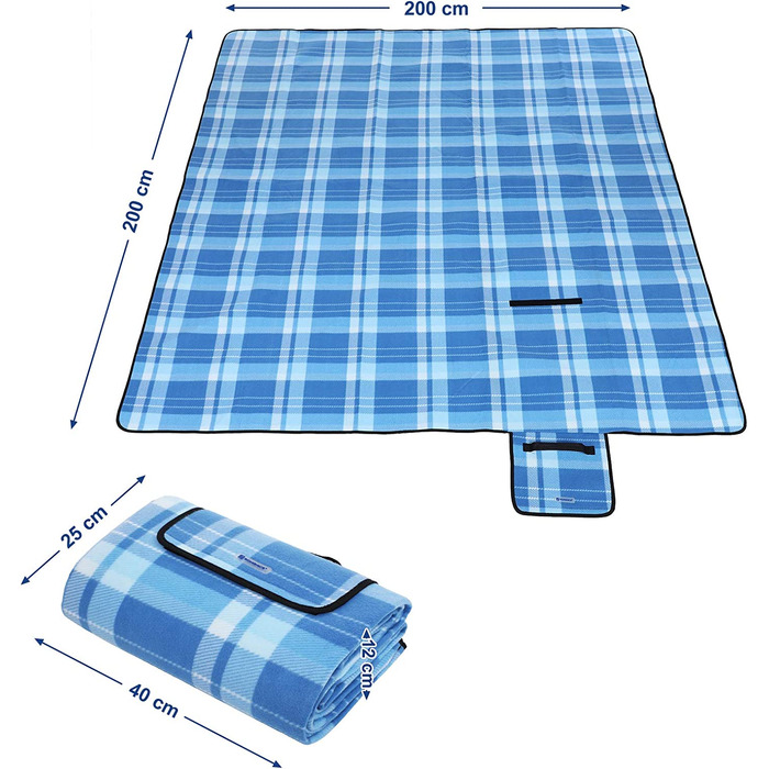 Флісова водонепроникна ковдра для пікніка SONGMICS GCM61C, (квадрати в синю смужку, 200 x 200 см, одномісна)