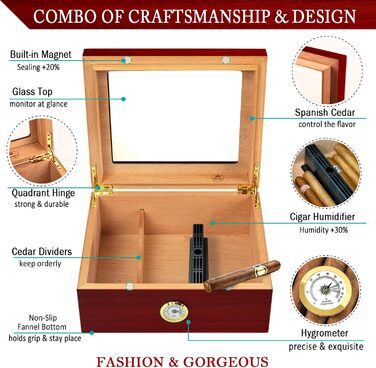 Вологостійкий вологомір для сигар, Humidor з іспанської кедру, коробка для сигар на 30-50 штук, аксесуар для чоловіків, подарунок (червоний)