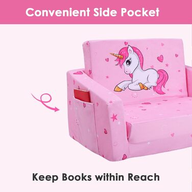 Дитяче крісло-софа 2 в 1 з кишенькою та неслизьким подушкою, розкладне, з єдинорогом для дитячої, вітальні, ігрової кімнати