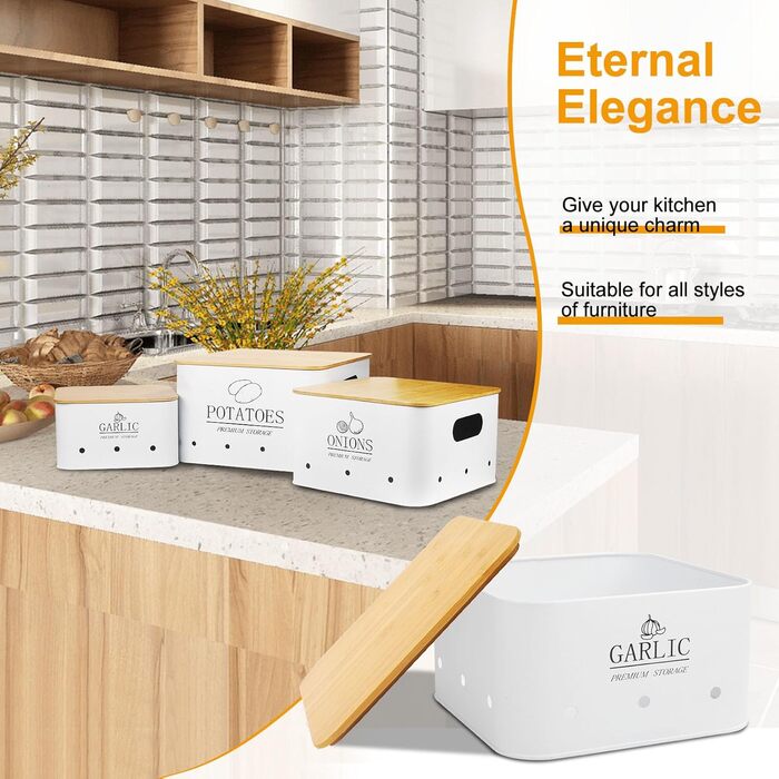 Набір контейнерів для зберігання картоплі, цибулі та часнику (3 шт.) з бамбуковим кришками - зберігає овочі свіжими довше. Чорний (Blanc)