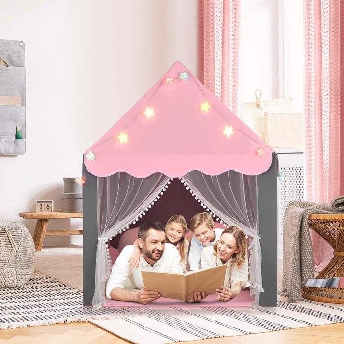 Дитяче намет-ігровий будиночок HOMASIS з килимком, зірками та вікнами, двома шторами, для дівчаток та хлопчиків, рожевий