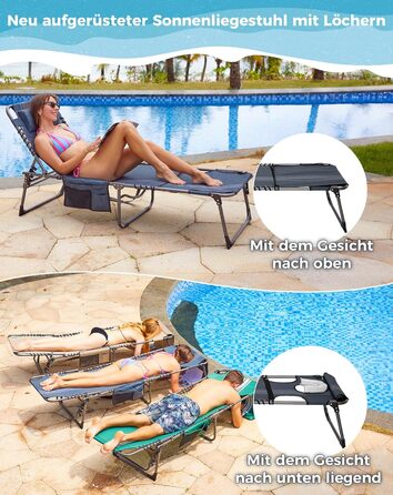 Лежак для відпочинку KingCamp великого розміру, складаний, 5 положень, для саду, кемпінгу, пляжу, 200 x 68 см, сірий, з подушкою та кишенею, до 200 кг
