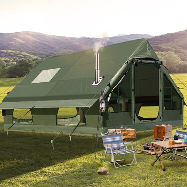 Надувний кемпінговий намет для 2-8 осіб 4-сезонний Oxford - швидкозбірний, водонепроникний з повітряним насосом (400x300x200 см, з отвором для димоходу, зелений)
