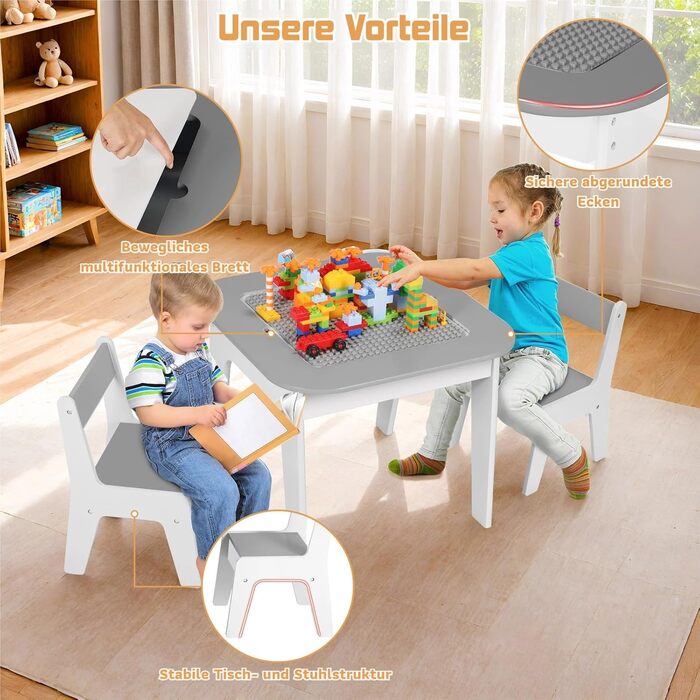 Дитячий стіл та стільці Clevich - комплект для дитячої кімнати (сірий), з місцем для зберігання та дошкою для малювання