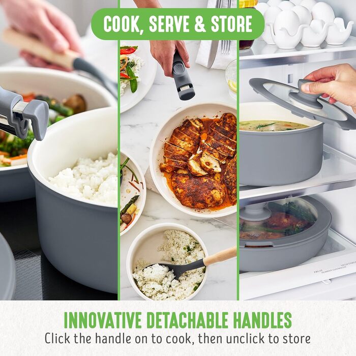 Набір посуду GreenLife 10 предметів з антипригарним покриттям, знімні ручки, складаний посуд, антитоксичні, без PFAS сковороди, індукційні каструлі та сковороди, економія місця, сервіровочні миски (Сірий (Графіт//Nature's Delight))