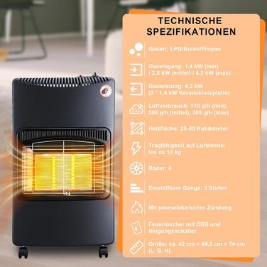 Газовий опалювальний прилад Tubiaz 4,2 KW з регулятором тиску, шланг, захист від перегріву та перекидання, ODS, Piezo-запалювання, 305 г/год, Butan/Propane
