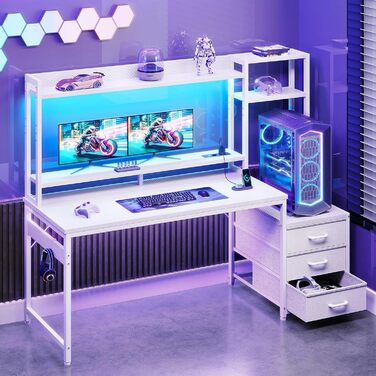 Ігровий стіл Coleshome з полицею та шухлядами, 137x48 см. Стіл для геймінгу з LED-підсвічуванням, розеткою, місцями для зберігання та підставкою для монітора. Колір: карбонове волокно.