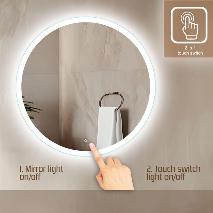 Дзеркало для ванної кімнати Venti 60 см з підсвічуванням, LED, сенсорне керування, 60x60 см