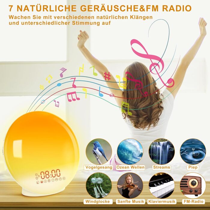 Будильник Cadrim з імітацією сходу сонця та заходу сонця, радіо, 7 природних звуків, FM-радіо, функція повтору, для дорослих та дітей, жовтий