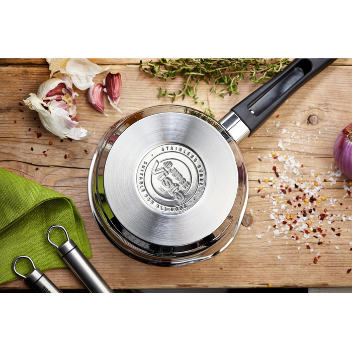 Набір каструль Judge Vista з нержавіючої сталі, 16/18/20 см, з кришкою-ситом та антипригарним покриттям, для індукційних плит, сумісний з духовкою