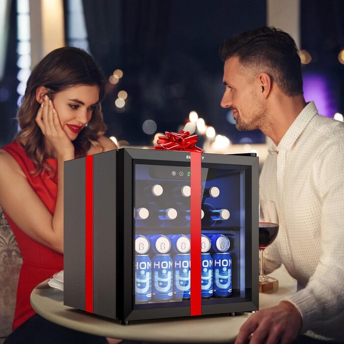 Міні-холодильник EUHOMY для напоїв на 55 банок з скляною дверцятами, чорного кольору, 36 л, для офісу, кімнати, бару, з LED-підсвіткою, 43 дБ