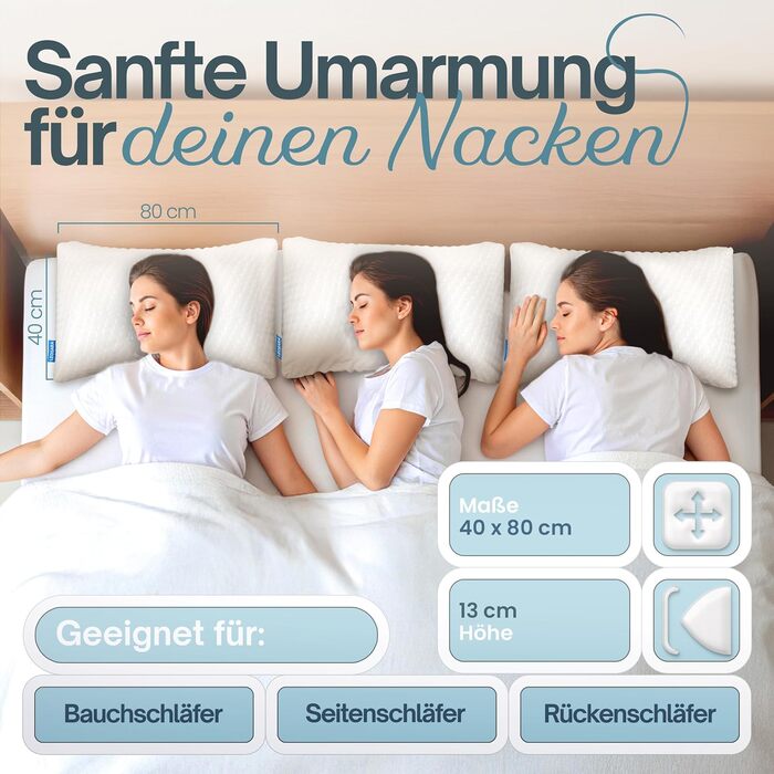 Ортопедична подушка для шиї 40x80 – подушка для шиї – подушка з піною з пам'яті для всіх типів сну (на спині, на животі, на боці) подушка з віскоеластичної піни (висота 13 см) – для наволочок 40x80 см