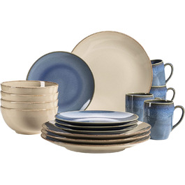 Набір посуду MSER 931547 Ossia для 4 осіб у вінтажному середземноморському стилі, комбінований сервіз з кераміки з 16 предметів (пісочно-сірий / Світло-блакитний)