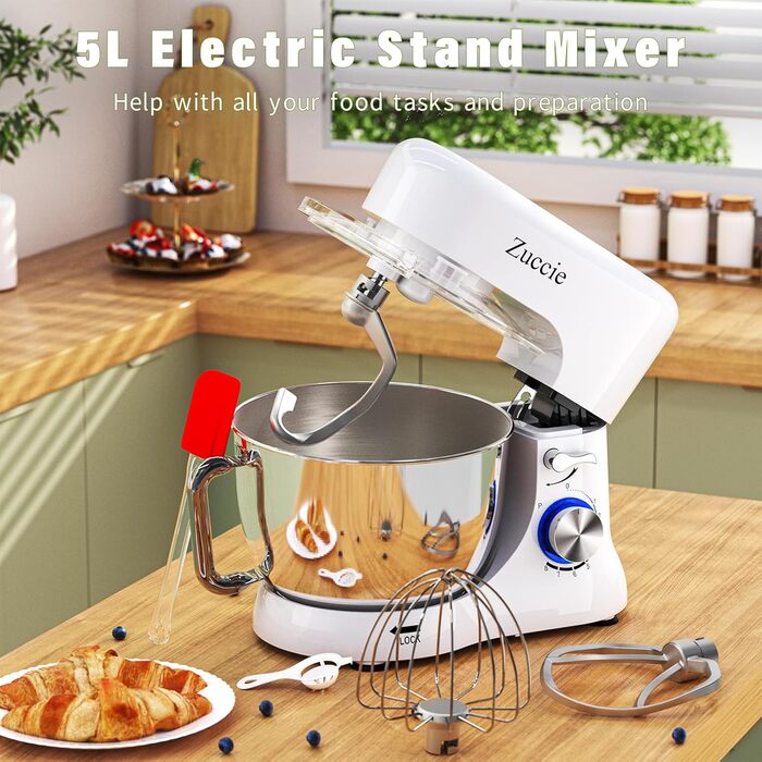 Кухонна машина Zuccie з тихою роботою, місткістю 5л, з нержавіючою чашею, 3 насадки, сплітц-захист, скребок для тіста та роздільник яєць, 8+ швидкостей.