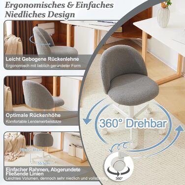 Офісний стілець Bonnlo з роликами, стілець до туалетного столика, регульований по висоті, для робочого кабінету, спальні, home office, з м'якої тканини Teddy, білий (сірий)