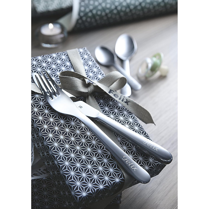 Набір дитячого столового прибору WMF Kinderbesteck 4-частинний, з нержавіючої сталі Cromargan, для дітей від 3 років, з гравіюванням, придатний для миття в посудомийній машині