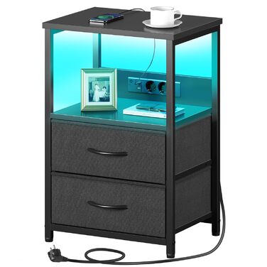 Нічний столик Rolanstar з підзарядкою, LED-підсвічуванням, 2 висувними ящиками та 3-рівневою системою зберігання, з дерева, чорний, 40 x 30 x 60 см