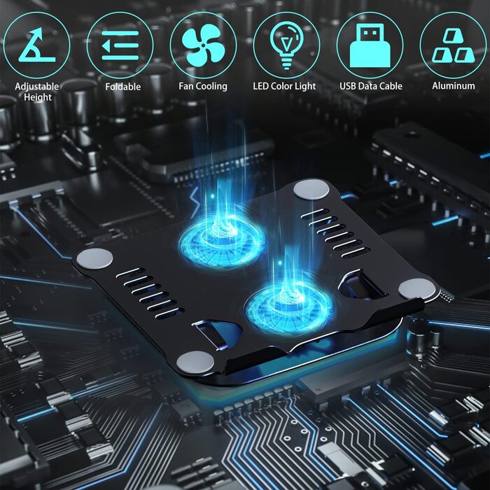 Регульована підставка для ноутбука з RGB вентилятором, складана з алюмінієвого сплаву, вентильована, ергономічна, сумісна з MacBook, 10-17'' (чорний)