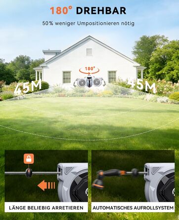 Шланговий барабан SUNPOW настінний 30м для саду, тераси та двору. Автоматичний намотувач, поворотна стійка 180°, 10 функцій розпилення, діаметр 16 мм.