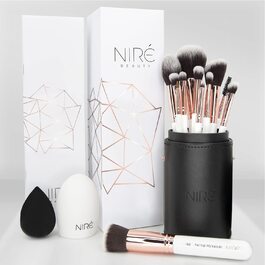 Набір пензлів для макіяжу Nir Beauty, 15 предметів відзначені нагородами професійні веганські пензлі з футляром, спонж для макіяжу Nir, засіб для чищення пензлів, посібник і подарункова коробка (біле та рожеве золото)