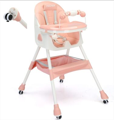 Дитячий стільчик для годування Twinky Hochstuhl Baby ECO з регульованою спинкою, функцією розкладання та столиком - підходить для новонароджених та дітей (Рожевий)
