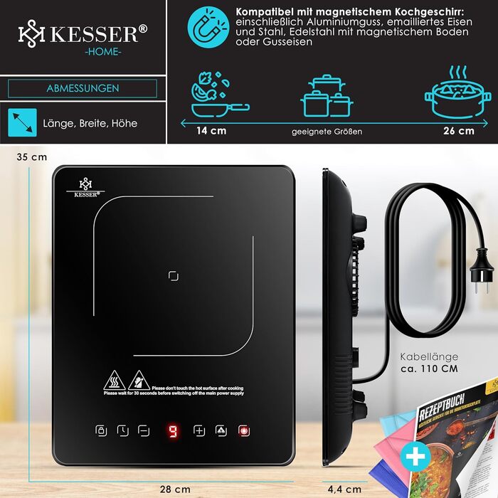 Індукційна плитка KESSER® 2100W з 1 зоною, 28 см, сенсорне керування, таймер, мікрофібра та рецепти