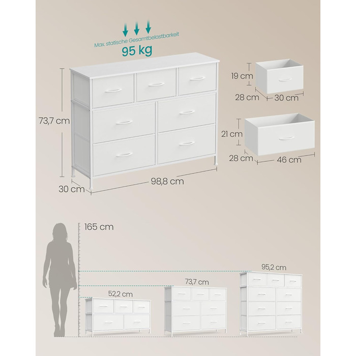 SONGMICS Комод зі 7 висувними ящиками, шафа для зберігання, сталь, MDF, флізелін, для спальні, прихожей, вітальні, білий (LGS323WH01)