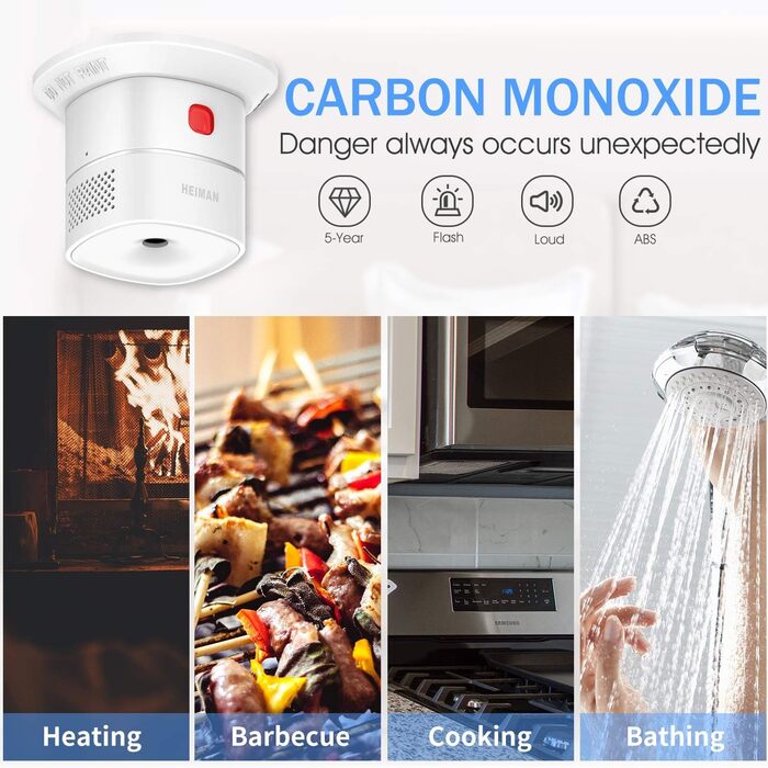 Детектор чадного газу HEIMAN з Wi-Fi, 10 років служби, сумісний з Tuya/SmartLife, EN50291, портативний (HS1CA)