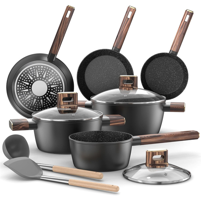 Набір каструль та сковорідок Topbooc 11 предметів: каструлі з нержавіючої сталі з кришкою 16/20/24 см, сковорода 20/28 см, глибока сковорода 24 см, антипригарне покриття, для індукційних плит, PFOA та PFOS-free, з алюмінію