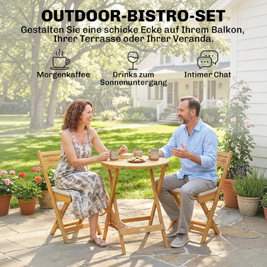 Набір садових меблів для балкона 3 предмети, складаний, з дерева FSC. Круглий стіл та 2 стільці з дихаючими подушками для сидіння з ламелями.