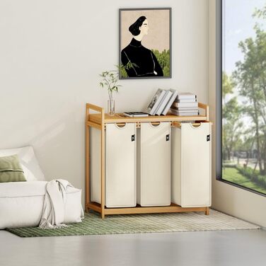 Кошик для білизни AdelDream 150L з 3 відділеннями, висувні полиці та знімний мішок для білизни, бамбуковий каркас, бежевий