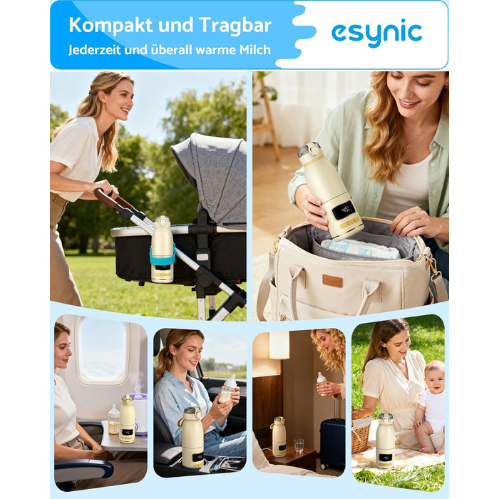 eSynic Підігрівач для пляшечок 450 мл з акумулятором 15000mAh, нержавіюча сталь 316, швидкий нагрів за 2-3 хв, для грудного молока та води, USB-C, BPA-free, для подорожей та нічного годування