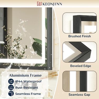 Дзеркало для ванної кімнати Keonjinn з підсвічуванням, металевий каркас 50x70 см, антизапар, LED, сенсорне керування, 3 кольори світла, диммування, пам'ять, настінне дзеркало (Чорний, 60 x 100 см)