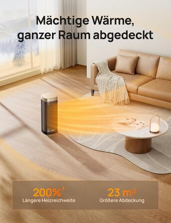 Електричний обігрівач DREO Solaris Slim H2, 2000W, керамічний, з термостатом, таймером, 3 режими, осциляція 70°, захист від перегріву та перекидання, золотий