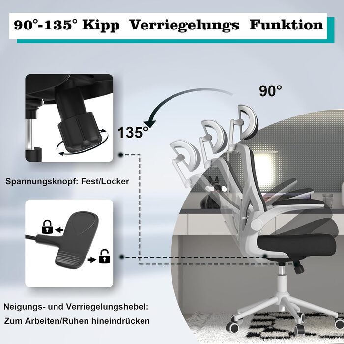 Ергономічне крісло для офісу з регульованою підголівником та поперековою підтримкою – високе офісне крісло з сітчастою спинкою та м'яким сидінням, вішалка для одягу та функцією блокування (Чорний колір з білим каркасом)