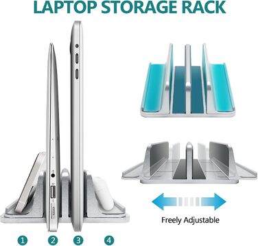 Вертикальна підставка для ноутбука Metal з 4 слотами, регульована, для MacBook, HP, Chromebook (до 44.5 см) – срібна