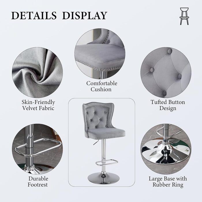 Набір з 2 барних стільців Samt - сучасні стільці для бару з високою спинкою, оббивка велюром, регульована висота, сірий